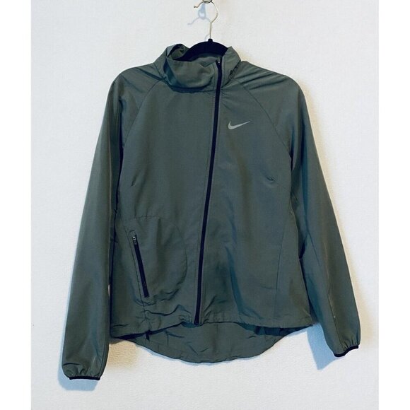 Nike Windbreaker Jacket Womens Medium Gray Swoosh Asymmetrical Full Zip Running - Picture 1 of 8